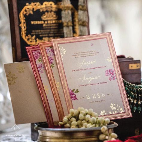 @radhikapittistudio on Instagram: “Can't believe it's been a year since we got to be a part of this love story! Sanjana and Jaspreet wanted a delicate invite with a vintage…” South Indian Wedding Invitation, Invitations Card Design, Wedding Invitations Card, Hindu Wedding Invitation Cards, Indian Invitation Cards, Indian Invitations, Simple Wedding Cards, Wedding Card Design Indian, Indian Wedding Invitation