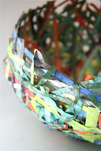 paper mache bowl made from recycled magazines.  Use with another sculpting project and make nesting birds? Paper Mache For Elementary Students, High School Paper Mache, Paper Mache Middle School, Bowls Baskets Recycled Paper, Paper Mache Mixture, Magazine Bowl, Paper Mache Bowl, Record Bowl, Paper Mache Bowls