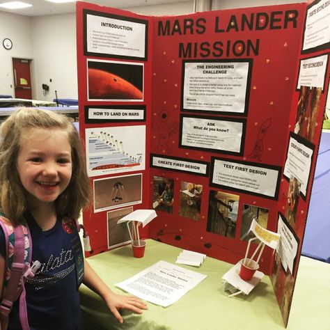 Science Fair Project: STEM Challenge Mars Lander | She Loves Science Fun Science Fair Projects, First Grade Science Projects, Engineering Design Challenge, Cool Science Fair Projects, Elementary School Science, Science Fair Project, Science Boards, Astronomy Science, Engineering Challenge