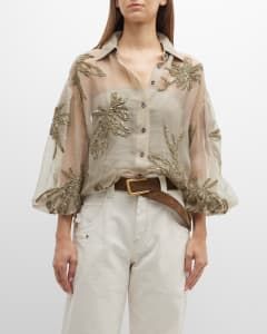 Visual Nav: Brunello Cucinelli [Women's Clothing] Tops Organza Tops, Silk Chiffon Blouse, Embellished Shirt, Embellished Blouse, Trendy Fashion Tops, Stylish Dress Designs, Chiffon Shirt, Flower Embroidery, Chiffon Blouse