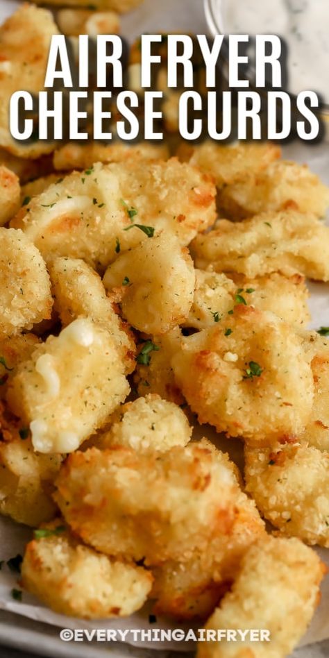 Air Fryer Cheese Curds in a bowl with writing Stuff To Cook In Air Fryer, Dinner Ideas Prepare Ahead, Air Fried Cheese, Easy Appetizers Air Fryer, Easy Savory Snacks Air Fryer, Homemade Easy Recipes, Air Fryer Dip Recipes, Air Fried Appetizers, Cheese Curd