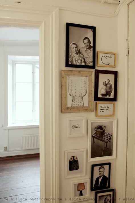 Narrow Picture Wall Ideas, Tall Narrow Gallery Wall, Narrow Wall Photo Display, End Of Hallway Gallery Wall, Small Frames On Wall Ideas, Gallery Wall On Small Wall, Narrow Picture Wall, Minimal Photo Wall, Narrow Wall Gallery Ideas