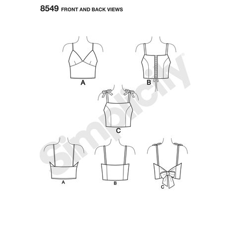 Simplicity Pattern 8549 Misses' Bra Tops Crop Tops Sewing, Bra Pattern Sewing, Strap Top Pattern, Kids Sewing Patterns Free, Denim Bralet, Women Top Sewing Pattern, Sewing Patterns Free Beginner, Crop Top Sewing Pattern, Tank Top Sewing Pattern