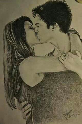 Drawing Delena ❤ Tvd Art, Delena Moments, Movie Drawings, Relationship Drawings, Vampire Drawings, Fandom Drawing, Vampire Diaries Damon, Vampire Diaries Funny, Pencil Shading