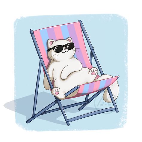 Cat Surfing Illustration, Summer Cat Illustration, Summer Cat Drawing, Sunbathing Illustration, Chill Illustration, Cat Sunbathing, Telephone Drawing, Cat In Sunglasses, Sunglasses Illustration