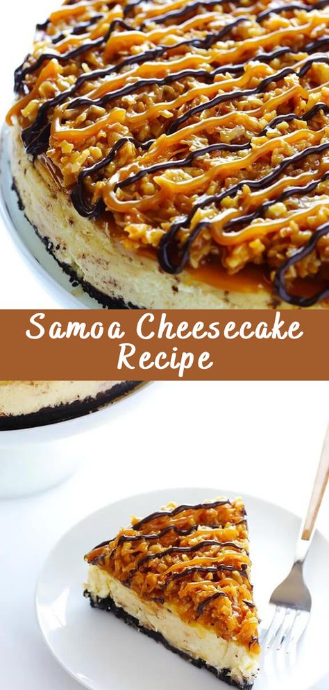 Samoa Cheesecake Recipe Homemade Samoas Cookies, Caramel Coconut Cheesecake, Cheesecake Recipes Flavors, Different Kinds Of Cheesecake, Samoa Cheesecake Recipe, Autumn Cheesecake Recipes, Different Cheesecake Recipes, Cheesecake Decoration Design, Gourmet Cheesecake Recipes