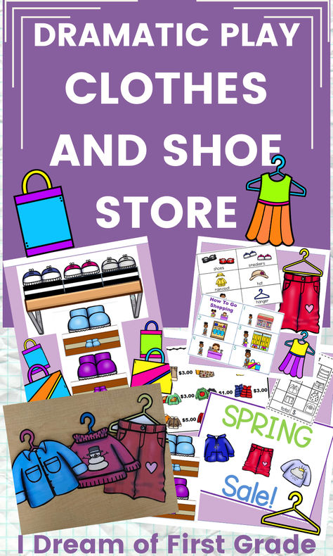 Enhance your Dramatic Play area with this captivating Clothing /Shoes Store, designed to seamlessly integrate with your house center. This resource is an ideal companion for the Clothes Study in Preschool, elevating your students' learning experience as they explore clothing and the seasons. This comprehensive set provides all the essentials for transforming your classroom into a dynamic Clothes Store. From attention-grabbing signs and detailed price lists to realistic receipts. Printables too! Preschool Clothing Unit, Clothes Dramatic Play Preschool, Clothing Store Preschool Dramatic Play, Clothes Unit Preschool, Prek Clothing Study, Clothing Unit Creative Curriculum, Creative Curriculum Clothes Study, Dynamic Clothes, Store Dramatic Play