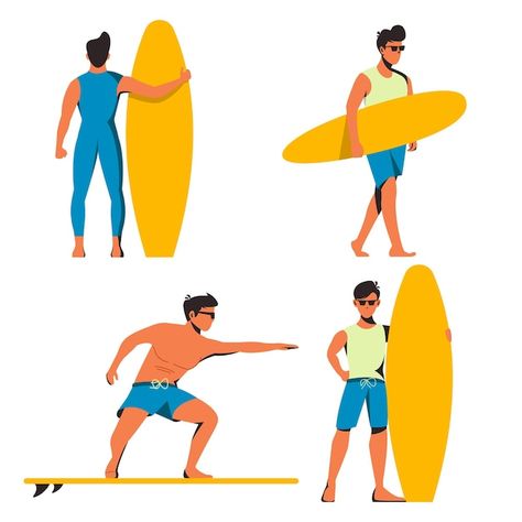 Surfer Boys, Surfer Girls, Surfer Girl, Drawing Poses, Vector Photo, In Summer, Character Illustration, Pose Reference, Surfboard