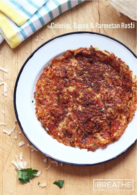 Celeriac, bacon, and parmesan rosti recipe! This is a delicious, crispy low carb pancake that makes a wonderful side dish to any meal, including breakfast! You can customize the flavors with other add ins too! Atkins, gluten free, keto, low carb, paleo friendly. I Breathe Im Hungry, Rosti Recipe, Im Hungry, Keto Veggies, Paleo Breads, Low Carb Pancakes, Low Carbohydrate Recipes, Keto Side, Atkins Recipes