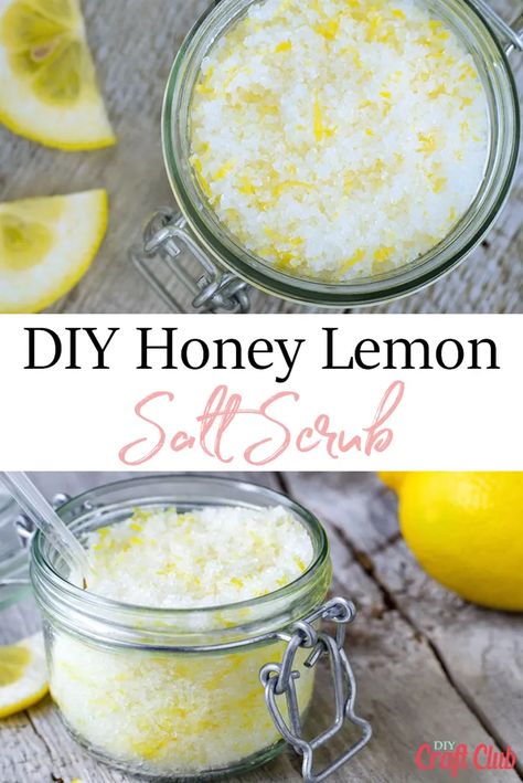 DIY Honey Lemon Salt Scrub | Easy Hand Scrub Recipe For Dry Hands - DIY Craft Club Lemon Scrub Recipe, Diy Hand Scrub Recipe, Lemon Salt Scrub, Lemon Hand Scrub, Hand Scrub Recipe, Hand Scrub Diy, Hand Scrub Homemade, Salt Scrub Diy, Scrub Recipe Diy