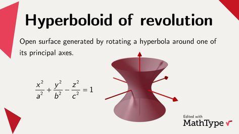 “There are many fascinating figures and shapes out there. The hyperboloid of revolution is a captivating three-dimensional surface generated by revolving a hyperbola around its axis. The resulting shape resembles an hourglass. Did you know about it? #MathType #math #mathfacts” Math Facts, Calculus, Logic, Three Dimensional, Did You Know