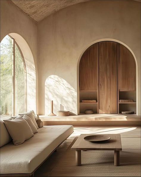 Embracing curves in architecture 🌿✨ This serene sanctuary showcases the beauty of round ceilings - blending modern design with timeless elegance. The gentle arches open up the space, inviting light to dance across the textured surfaces. It’s where contemporary furnishings meet natural inspiration. Follow @hale_interior_design for more inspiration ✨ Design created by @david_vecchi #architecturelovers #interiordesign #vaultedceilings #modernmeetsclassic #architecture #designindetail #mi... Tulum House, Goa Villa, Modern Adobe, Beige Wall Colors, Adobe Interior, Playgrounds Architecture, Modern Hacienda, Japandi Interior Design, Concrete Effect Paint