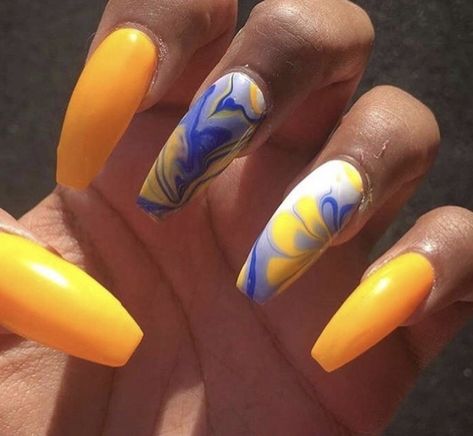 Yellow and blue marble water color nails Yellow Nail Art, Yellow Nails Design, Yellow Nail, Nails Makeup, Marble Nails, Yellow Nails, Dream Nails, Coffin Nails Designs, Dope Nails