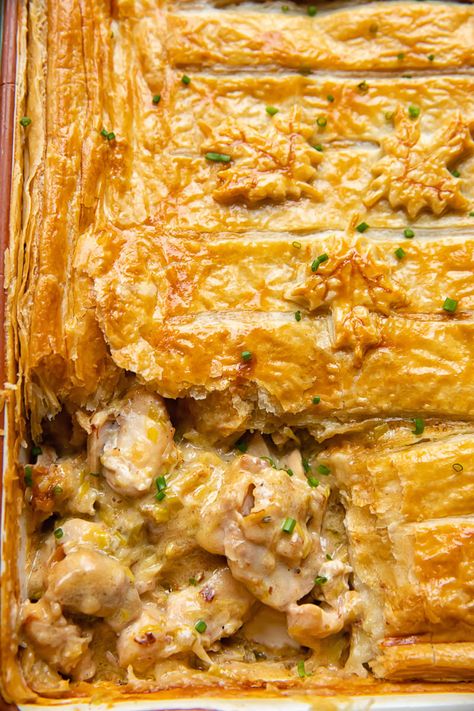 Chicken and Leek Pie Creamy Chicken And Leek Pie, Leek And Chicken Pie, Chicken And Leek Pie Jamie Oliver, Chicken And Leek Pie Puff Pastry, Chicken Leek Pie Recipe, Chicken Pie Filling Recipes, French Chicken Pot Pie, Chicken And Bacon Pie, Chicken Leek And Bacon Pie