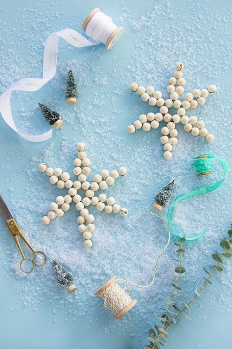 DIY Wood Bead Snowflake Ornament - Alice and Lois Bead Snowflake Ornament, Snowflake Ornaments Diy, Beaded Ornaments Diy, Snowflake Diy, Beaded Snowflakes Ornament, Holiday Diy Projects, Diy Christmas Ornament, Snow Flakes Diy, Beaded Snowflakes