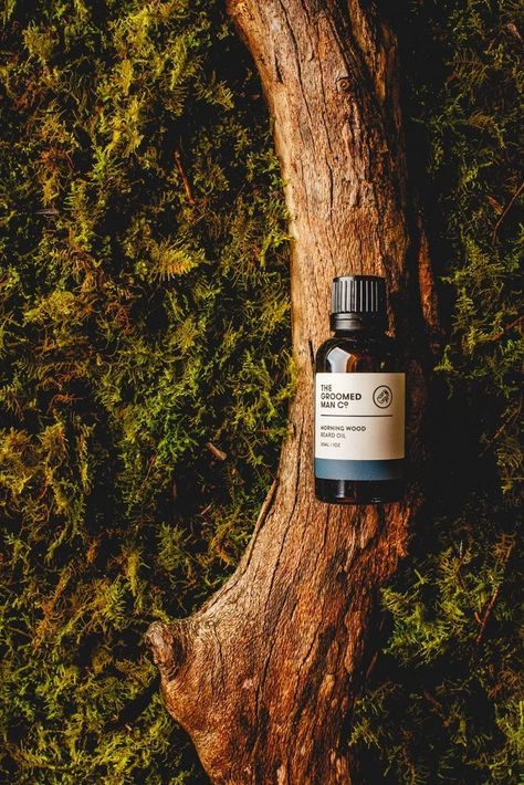 Beard Oil Photography Ideas, Product Photography In Forest, Beard Oil Photography, Product Photography In Nature, Outdoor Product Shoot, Nature Product Photography, Wood Product Photography, Product Photography Nature, Outdoor Product Photography