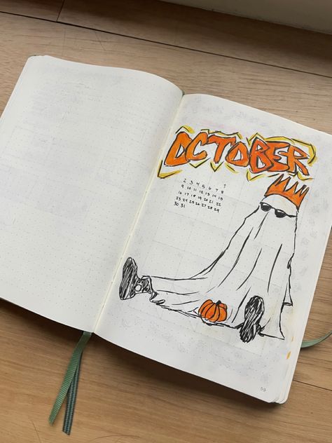 An October bullet journal spread with a ghost with sunglasses and October written in a graffiti font October Reading Journal, October Journal Spread, Ghost Bullet Journal, Bujo October Theme, Halloween Journal Ideas, October Journaling, Halloween Journaling, October Spread, Halloween Bullet Journal