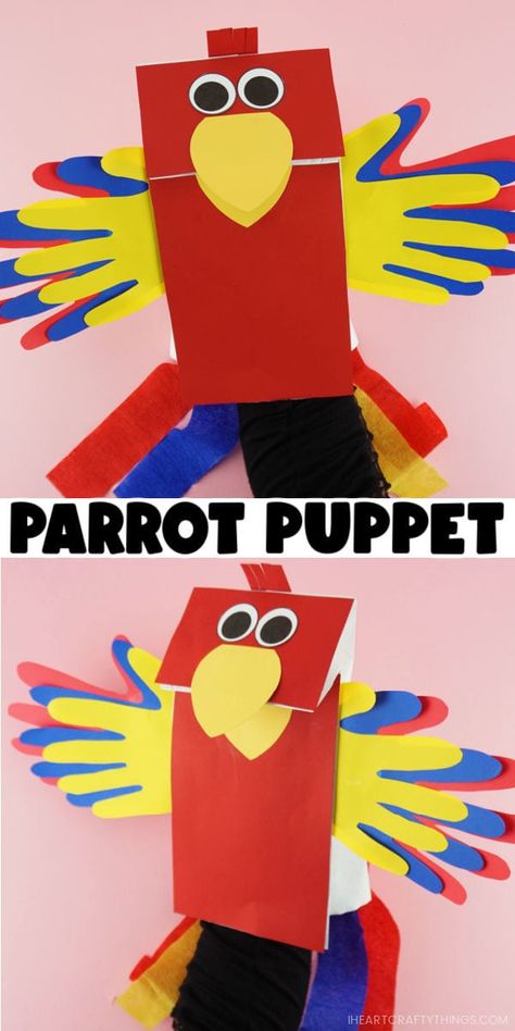 Paper Bag Bird Puppet, Paper Bag Hand Puppets, Parrot Puppet, Skunk Craft, Easy Paper Bag, Fun Preschool Crafts, Forest Preschool, Parrot Craft, Free Craft Templates