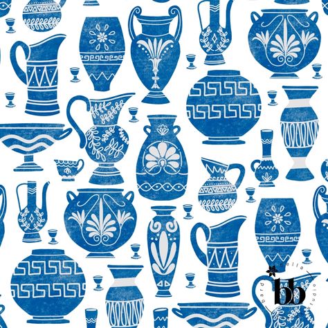 Introducing Athena's Pottery - my latest design inspired by the beauty of ancient Greece. Enthralled by the magnificence of the vases in Corfu, I knew I had to create a design that captured their essence. Exciting news - I've submitted this design to Spoonflower's Conversational Wallpaper Design challenge. Join me in celebrating the timeless elegance of Greek artistry, and let's make this design a winner! #AthenasPottery #GreekInspired #SpoonflowerChallenge Greek Plates Design, Ancient Greek Patterns, Conversational Wallpaper, Greek Illustration, Medieval Border, Ancient Greek Design, Ancient Greek Vase, Ancient Greece Aesthetic, Greek Symbols