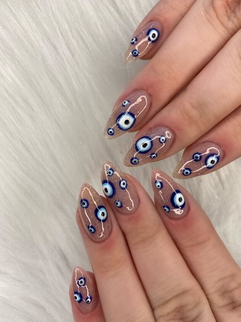 Rainbow Evil Eye Nails, Colorful Evil Eye Nails, Turkish Eye Nail Art, Evil Eye Pedicure, Short Evil Eye Nails, Gold Evil Eye Nails, Evil Eye Gel Nails, Hamsa Nails, Third Eye Nails