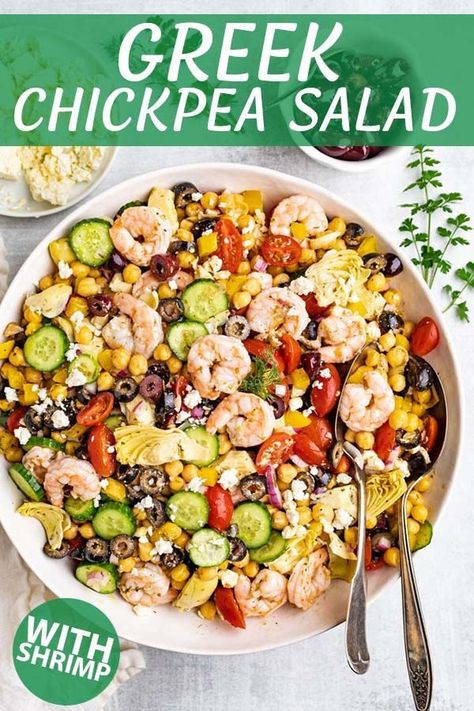 Easy Greek chickpea salad with shrimp is perfect for summertime meal-prep, or bringing to pot-lucks. It's bursting with a variety of veggies. #chickpeas #chickpeasalad #easysalad #shrimprecipe #glutenfreerecipe #summerrecipe #mealprep #summersalad #mealprepsalad #healthysalad #robustrecipes Shrimp Chickpea, Shrimp Salad Recipes Healthy, Greek Shrimp, Salad With Shrimp, Greek Chickpea Salad, Greek Chickpeas, Shrimp Salad Recipes, Chickpea Salad Recipes, Salad Meal Prep