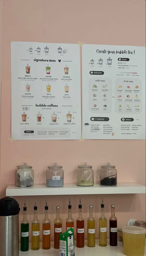 Boba Shop Menu Design, Boba Menu Design Ideas, Drink Menu Aesthetic, Aesthetic Cafe Menu Design, Boba Tea Menu Design, Korean Cafe Menu Design, Boba Shop Interior Design, Menu Boba Drink, Boba Menu Design