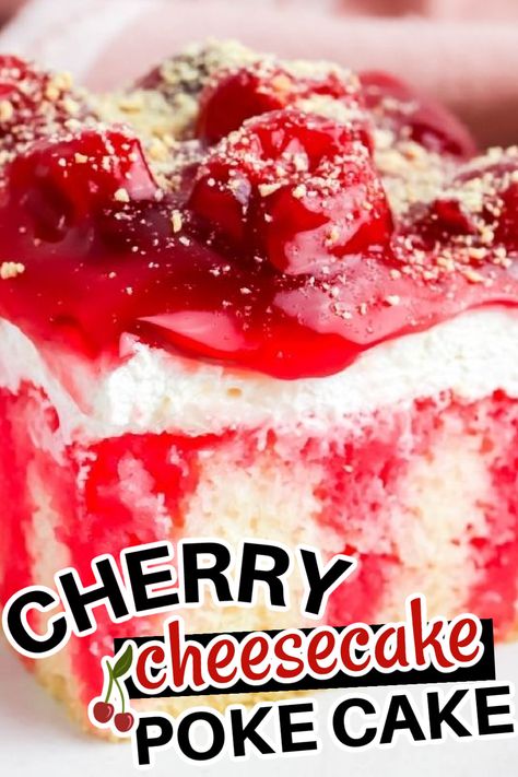 Cherries In The Snow Poke Cake, Cherry Poke Cake Recipes Easy, Fruit Poke Cake Recipes, White Cake Mix Cherry Pie Filling, Dessert Recipes Using Cherry Pie Filling, Dessert Recipes Cherry Pie Filling, White Cake With Cherries On Top, Desert For Potluck Easy Desserts, Cherry Jello Cake