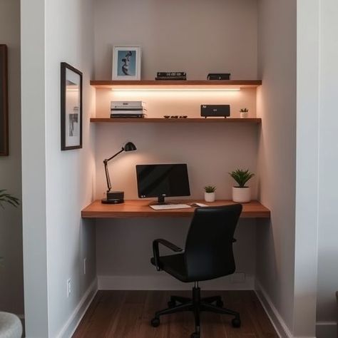 Small modern home office corner with wall-mounted desk, floating shelf, and LED strip lights Floating Shelf Desk, Modern Small Home Office, Small Modern Office, Study Corner, Wall Mounted Desk, Small Study, Led Strip Lights, Small Home Office, Strip Lights