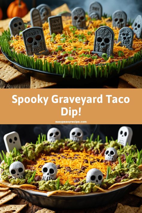 A taco dip designed to look like a spooky graveyard with tombstone and skull decorations on top, surrounded by crackers. Pumpkin Vomit Dip, Taco Dip For Halloween, Taco Graveyard Dip, Halloween Taco Ideas, Easy Food For Halloween Party, Graveyard Themed Food, Graveyard Taco Dip Recipe, Taco Dip Halloween Party, Spooky Taco Dip