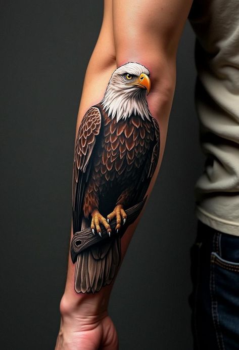 eagle tattoos Bald Eagle Forearm Tattoo, Eagle Tattoo Men, Eagle Tattoo Forearm, Eagle Head Tattoo, Bald Eagle Tattoos, Falcon Tattoo, Unique Wrist Tattoos, Bear Tattoo Designs, Men Tattoo