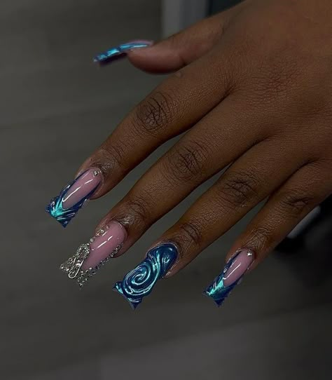 Short Blue And Silver Nails, Dark Color Nails Design Ideas, Nail Color Scheme Ideas, Long Nail Designs 2024 Trends, Blue On Blue French Tip Nails, Scorpio Nails Designs Short, Marine Nails Designs, Blue Sweet 16 Nails, Cute Birthday Nails Acrylic