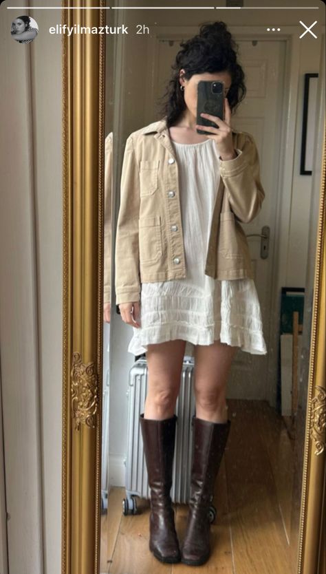 Dress And Boots Outfit Aesthetic, Dress With Coat And Boots, Indie Folk Outfits, Fall Dress Outfit With Boots, Dress And Boots Outfit, Dress With Coat, Jackets Y2k, Outfit With Boots, Boho Street Style