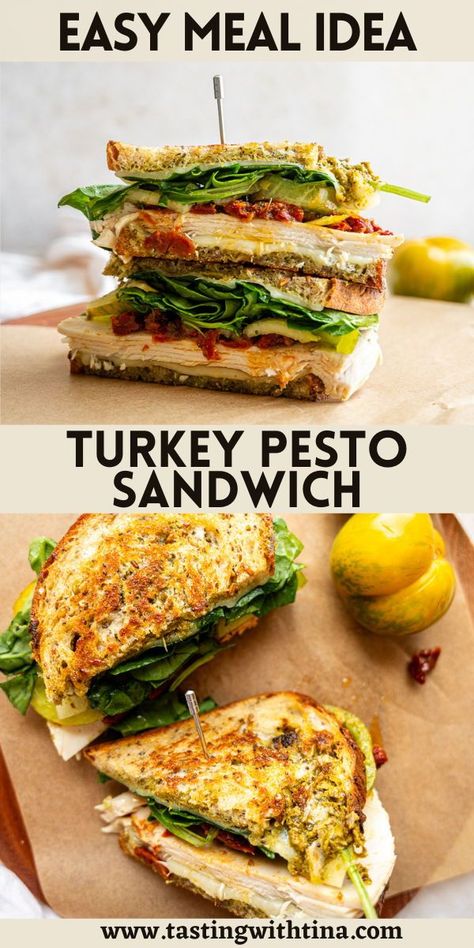 This Turkey Pesto Sandwich is full of flavor from savory turkey, creamy provolone cheese, zesty pesto, and sweet sun dried tomatoes. We love these as a great lunch or easy dinner on a busy night! Turkey Pesto Sandwich Recipes, Turkey And Pesto Sandwich, Turkey Pesto Grilled Cheese, Tuscan Turkey Sandwich, Best Turkey Wraps For Lunch, Healthy Fall Sandwiches, Pesto Arugula Sandwich, Sun Dried Tomato Pesto Sandwich, Turkey Cream Cheese Sandwich