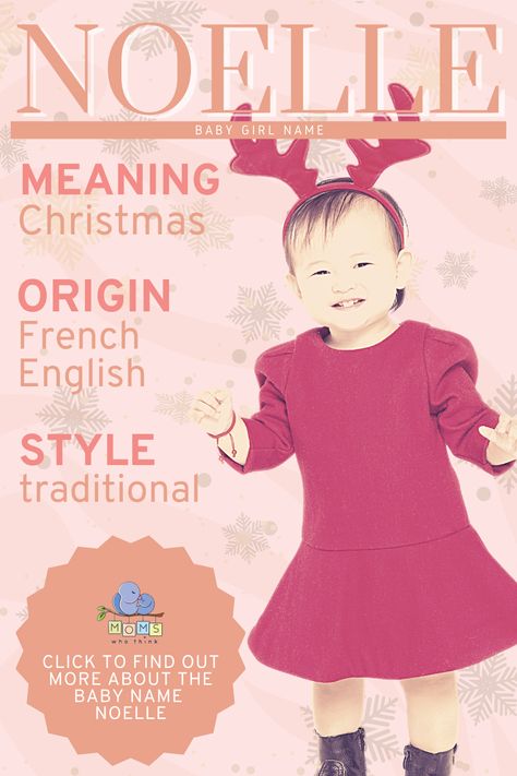 Noelle is a French and English baby name meaning “Christmas”. The name is the female spelling of the name Noel. A festive and beautiful name, Noelle is a classy, timeless name that has grown in popularity steadily in the last few decades. #girlname #babyname Baby Name Meaning, English Baby Names, Beautiful Name, Christmas Names, Baby Names And Meanings, Unique Baby Names, Middle Name, Name Meaning, English Style