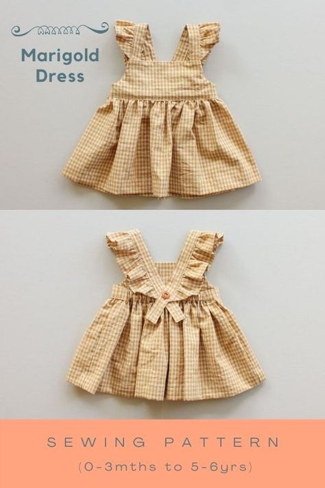 The Marigold Dress sewing pattern (0-3mths to 5-6yrs). Now's your chance to make your beautiful girl this peplum style top or baby doll style dress. You also have the option of a normal strap or a cute little ruffle strap. The straps button (and unbutton) on the center back to make getting dressed a breeze. The skirt/peplum is extra full for extra fun when twirling about. Toddler Dress Patterns Sewing, Tulle Under Dress, Toddler Girl Dress Sewing Patterns Free, 1 Yard Projects Sewing, Baby Dress Sewing Patterns Free, Dresses For Dolls Diy, Free Newborn Dress Pattern, Baby Doll Dress Sewing Pattern, Baby Girl Dress Patterns Free