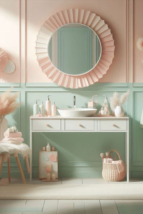 Create a soft and dreamy atmosphere with this harmonious mint and peach palette. Subtle colors for a gentle bathroom ambiance. #PastelBathroom #MintAndPeach Mint Bathroom, Pastel Bathroom, Color Bathroom Design, Color Bathroom, Dreamy Atmosphere, Bathroom Ambiance, Peach Palette, Bathroom Color Schemes, Soft Mint