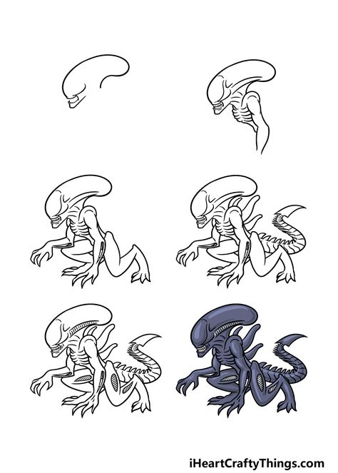 Xenomorph Drawing - How To Draw A Xenomorph Step By Step Xenomorph Drawing Reference, Alien Movie Drawing, Small Xenomorph Tattoo, Xenomorph Art Drawing, How To Draw Alien, Xenomorph Nails, Xenomorph Illustration, Xenomorph Sketch, Alien Movie Art