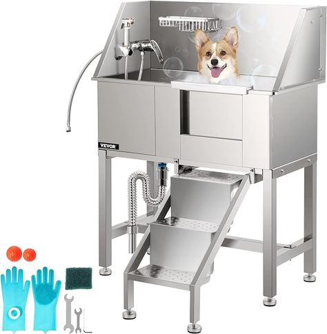 VEVOR Pet Grooming Tub, Stainless Steel Dog Wash Station Pet Washing Station 34" Dog Washing Station Water-Resistant Grooming Tub for Dogs with Removable Door & Ladder on The Right Pet Grooming Tub, Dog Wash Station, Dog Tub, Dog Bath Tub, Dog Grooming Tubs, Pet Washing Station, Wash Station, Washing Station, Tub Sizes