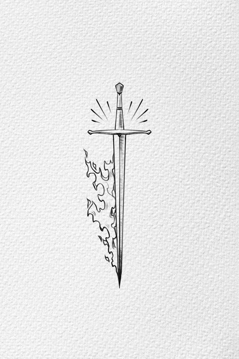 Minimal Tattoo Swords, Simple Fantasy Tattoo, Spear Tattoo, Good Omens Tattoo, Christian Tattoos Men, Flames Tattoo, Dagger Drawing, Armor Of God Tattoo, Flame Tattoo