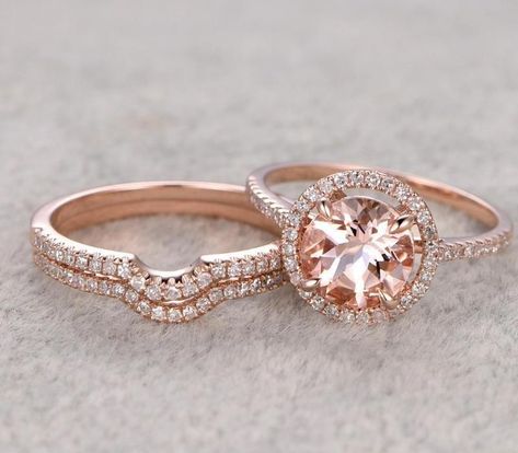 Rose Gold Engagement Rings You Must Check Out Now! 2 Wedding Bands, Rose Gold Wedding Rings, Trio Ring Set, Trio Ring, Beach Island, Morganite Engagement, Morganite Engagement Ring, Rose Engagement Ring, Morganite Ring