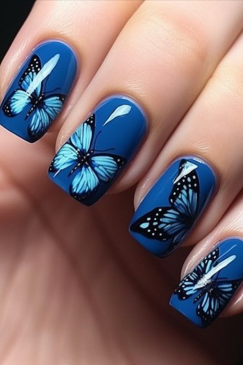 Wings of Serenity: Your New Go-To Look with Blue Nails and Graceful Butterflies Blue Nails With Butterflies, Nails With Butterflies, Butterfly Nail Designs, Teal Butterfly, Butterfly Nails, Blue Morpho Butterfly, Blue Acrylic Nails, Butterfly Nail Art, Morpho Butterfly