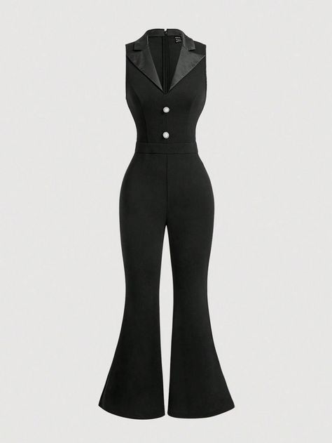 Black Vintage Sleeveless Standing Collar Bodycon Long Flare Pants Jumpsuit,Back To School Clothes,Women Jumpsuits,Halloween,Fall Black Elegant  Sleeveless Knitted Fabric Plain Other Medium Stretch  Women Clothing, size features are:Bust: ,Length: ,Sleeve Length: Elvis Black Jumpsuit, Jumpsuit With Shirt Underneath, Flare Jumpsuit Outfit, Vest Suit Women's, 60s Jumpsuit, Black Capsule Wardrobe, Arcane Oc, Back School Outfits, Edgy Work Outfits