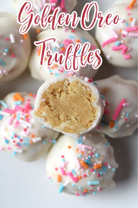 Golden Oreo Truffles – Truffles made from golden oreos and topped with white chocolate and sprinkles! These truffles are perfect for the holidays or as a dessert for any party! Truffle Recipe | Golden Oreo Truffles | Golden Oreo Recipe Golden Oreo Cake Pops, White Oreo Truffles, Vanilla Oreo Truffles, Golden Oreo Truffles, Golden Oreo Balls, Golden Oreo Cake, Vanilla Truffles, Oreo Cake Pops Recipe, Truffles No Bake