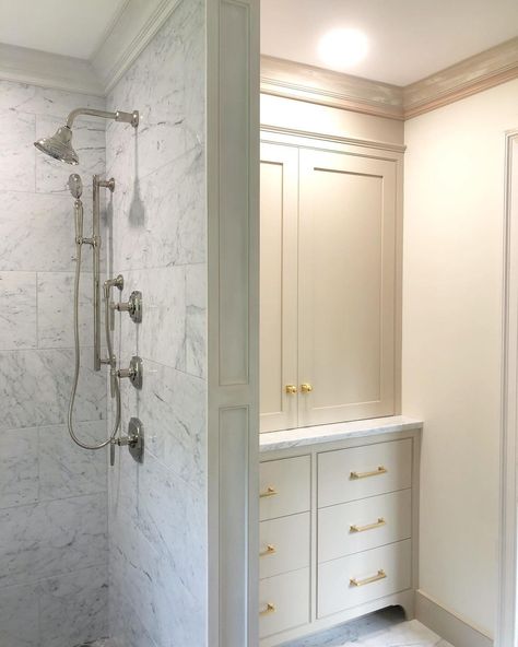 Linen Armoire Bathroom, Bathroom Wall Of Cabinets, Bathroom Closet Renovation, Linen Cabinet With Hamper, Custom Linen Cabinet In Bathroom, Bathroom Built Ins Storage, Built In Storage For Bathroom, Master Bath Cabinetry, Diy Built In Vanity