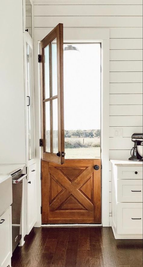 Love a Dutch Door. The perfect way to let the sunshine and breeze indoors while keeping your pets and little ones from going outdoors! 📸 @jacobsfarmstead Half And Half Door, Dutch Door Farmhouse, Indoor Dutch Door, Barn Dutch Door, Dutch Door In Kitchen, Wooden Dutch Door, Cottage Dutch Door, Door Ways Ideas Interiors, Dutch Back Door