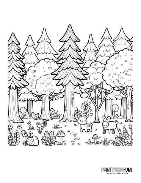 Woodland Creatures Coloring Pages, Cartoon Forest Drawing, Forest Colouring Page, Nature Colouring Pages, Forest Drawing Simple, Doodle Forest, Nature Coloring Pages, Drawing Forest, Coloring Pages Simple