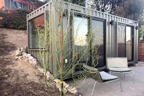 A Designer Converted This Shipping Container Into a Graphic Home Office Container House Ideas, Shipping Container Sheds, Highland Park Los Angeles, Converted Shipping Containers, Shipping Container Office, 20ft Shipping Container, Shipping Container Pool, Shipping Container Cabin, Architectural Ideas