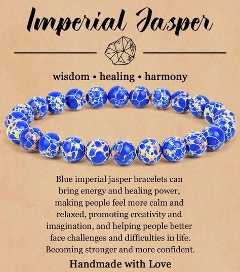 PRICES MAY VARY. Natural Crystal Bracelet: Blue imperial jasper bracelet can enhance spirituality, enhance observation and insight, and possess the power of talismans. Help calm down and bring new hope Healing Bracelet: Embrace the vibrant and harmonizing vibes of natural crystal stone. Natural stone bracelet can promote balance, allowing you to navigate life with confidence and enthusiasm. May wearing this spiritual crystal bracelet brings you some healing energy Gemstones Bracelet: Crystal bea Power Bracelet, Healing Gemstone Bracelets, Blue Beaded Bracelets, Imperial Jasper, Crystals Healing Properties, Jasper Bracelet, Energy Bracelets, Crystal Healing Bracelets, Crystal Beads Bracelet