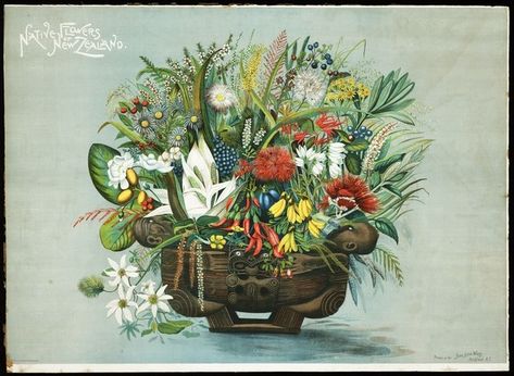 Huddlestone, William :Native flowers ... | Items | National Library of New Zealand Pohutukawa Tattoo, Nz Flowers, New Zealand Poster, Floral Pictures, Wall Illustration, Maori Tattoos, Nz Art, Native Flowers, Bee Tattoo