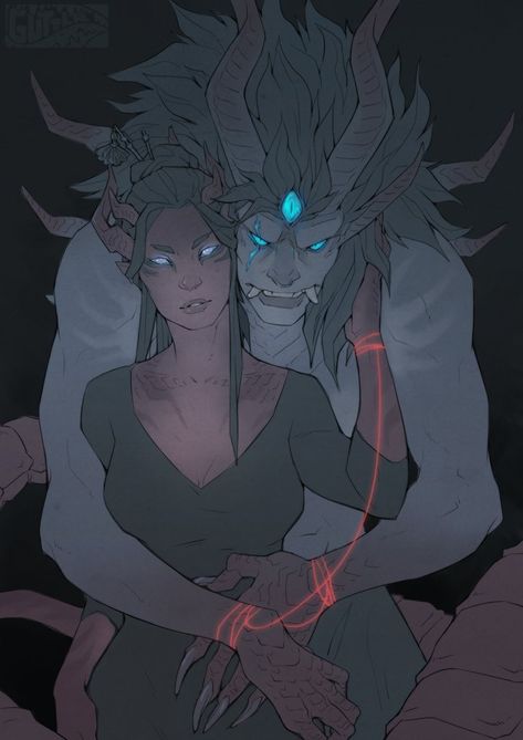 Monster Couple Art, Monster And Human Couple Art, Dnd Couple Character Art, Monster X Human Ship Art, Demon Couple Art, Monster And Human Couple, Monster X Human Art, Monster Lover Art, Shapeshifter Character Design